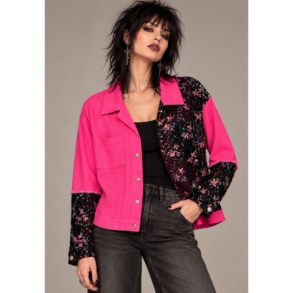 143 Story M Pink Sequin Jacket Colorblock Embellished Statement